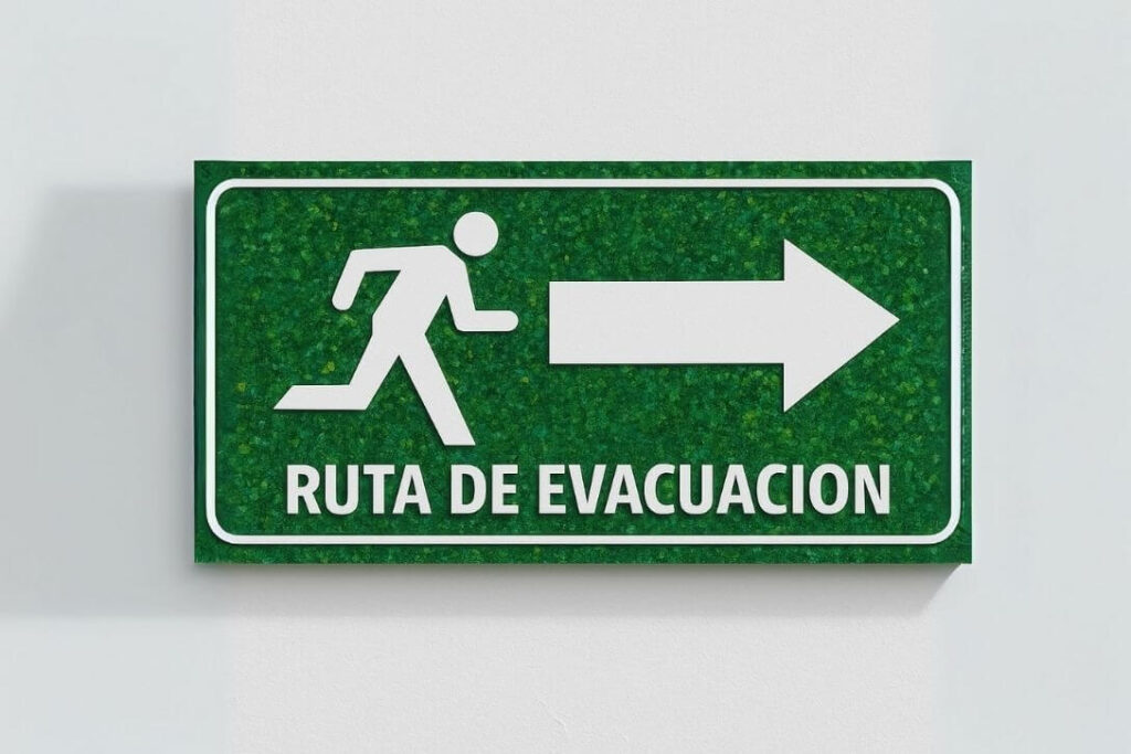 Economía circular aplicada a la señalética: letrero verde de ruta de evacuación fabricado con materiales reciclados